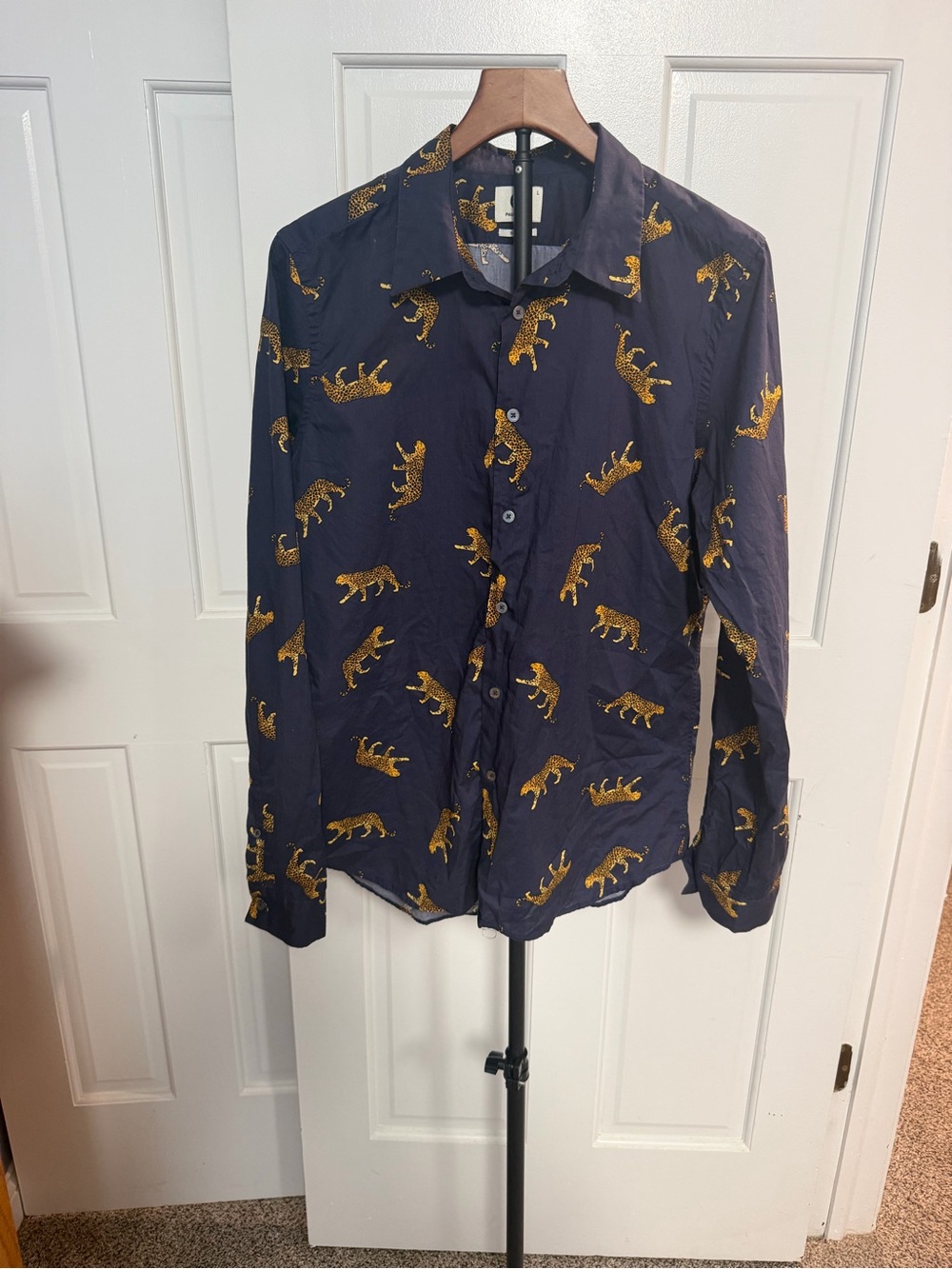 PS Paul Smith Men's Navy Shirt with Gold Leopard Print Large Slim Fit Cotton